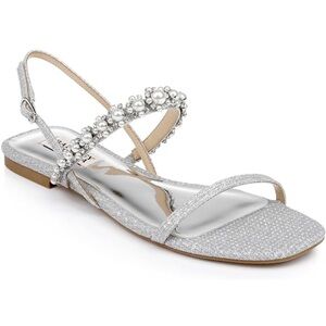 Badgley Mischka Natalee Silver Flat Sandal Bridal Wedding Prom 9 Crystal Pearl